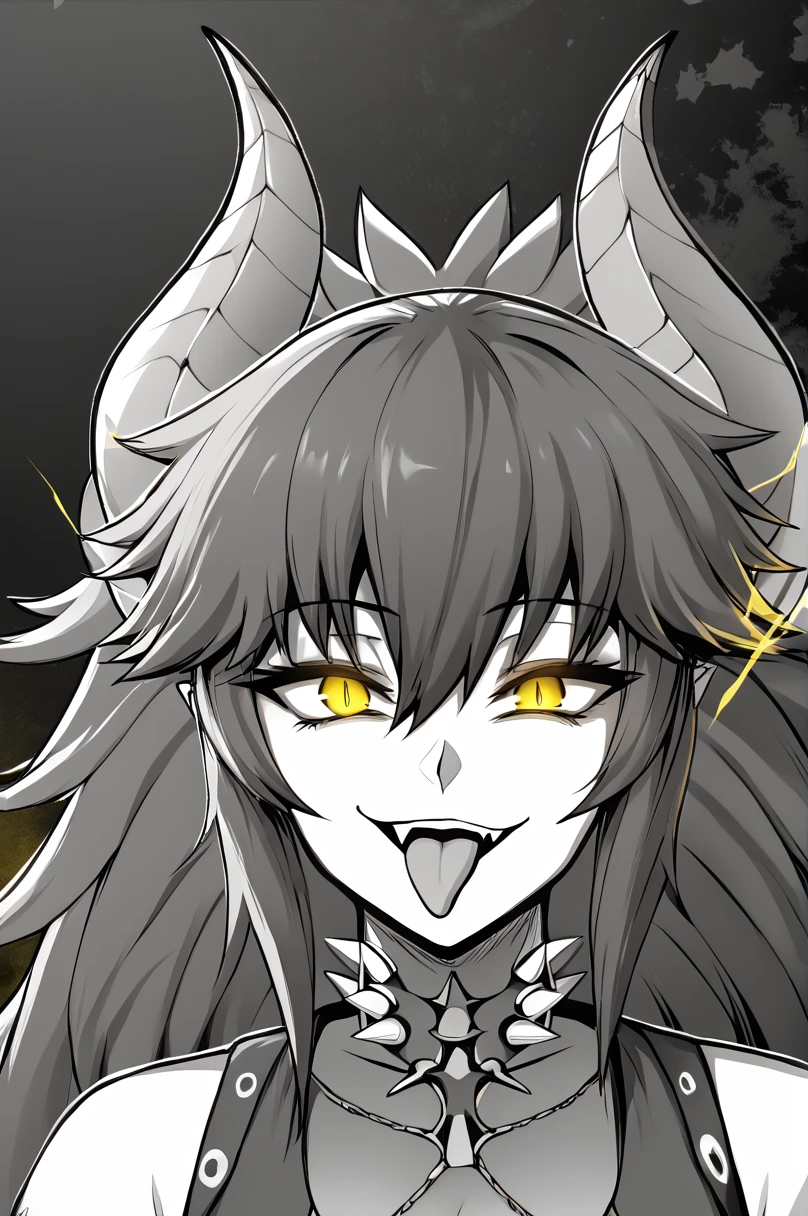 score_9, 
monochrome, spot color, black background, red aura, yellow eyes, 
zentreya, zendragon, 
looking at viewer, evil smile, open mouth, tongue out, 
upper body, 
high resolution, Masterpiece