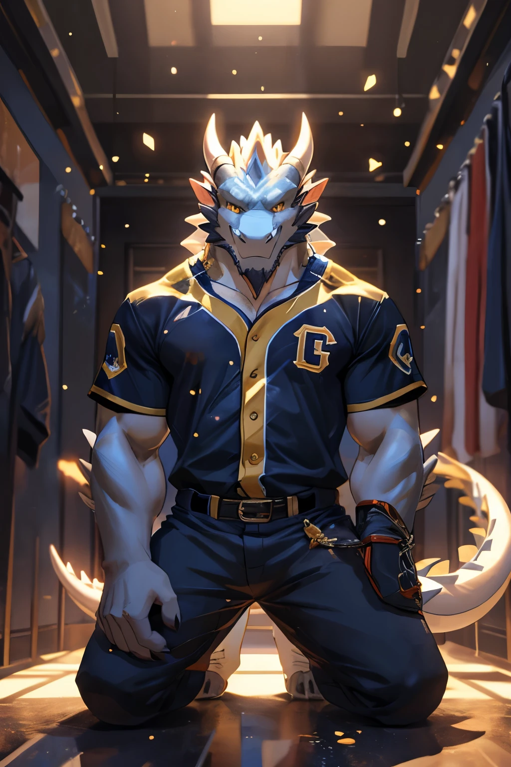 Solitary, Beast field, (dragon), anthropology, male, ((White body,Golden Eyes)), Bright Eyes, Tail, muscle, Handsome,Baseball uniform,Sexy,Amber eyes,Bright Eyes,Sexy,strong,Kneeling, Changing room,Alone,Open top,Expose the nipple ring,Clear expressions,Kneeling on the ground,Claws, Depth of Field, Perfect lighting, (Light Particles),(best quality),(masterpiece),(ultra deTailed),Clear focus,Light Particles,