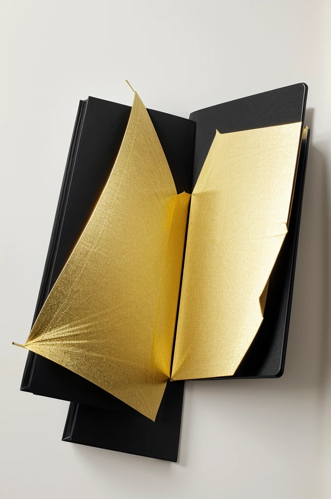 A shiny black book with golden edges flies towards you from above, spinning gently. It gets bigger as it comes closer, pages fluttering. The pure white background makes the book stand out. Finally, it collides with the camera, filling the screen with its dark cover , the camera is at lower angle