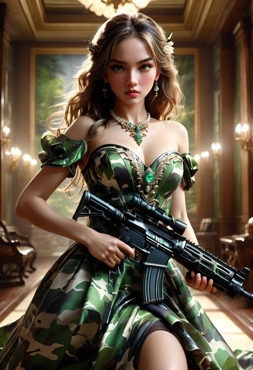 green_camouflage_satin_Hem reaches the floor_A young and stunningly beautiful female warrior in an evening dress、Ideal proportions、Wearing a large pearl necklace and gorgeous accessories、Bend Down、Carrying an assault rifle、A tense look、Detailed face and eyes、Perfect Skin、Flowing hair、Graceful posture、Photorealistic and cinematic lighting、Dramatic fantasy、Very detailed、8K、masterpiece