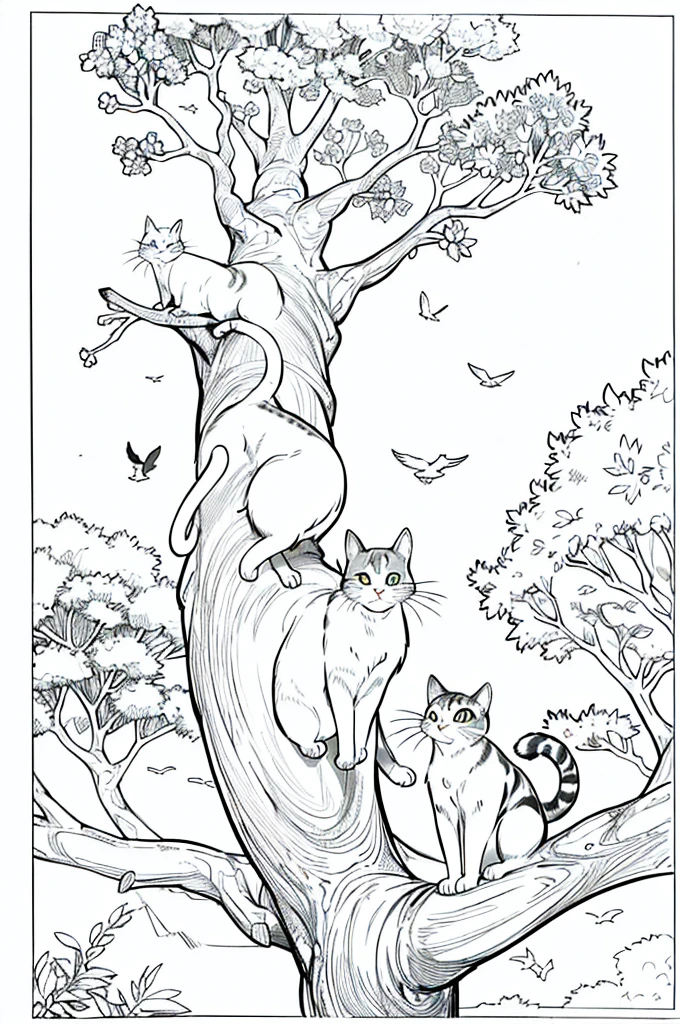 A cat climbing a tree with birds and a squirrel animals. sketch, character lines and scenes without colors and shadows. (Masterpiece, Best Quality, Highres:1.4), Detailed, Intricate Details, 4K, color splashes, line art, animals, cat, cute cats)