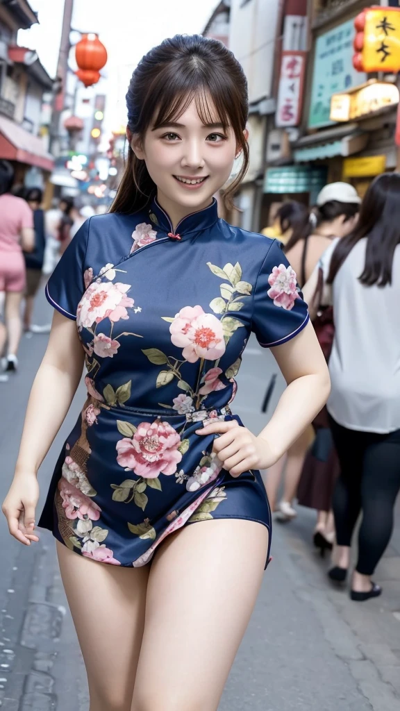 Japanese women、one person、Living in 昔のChinatown、Slightly chubby、Chinese style hair、Laughing with your mouth open、Sticking out tongue、Short sleeve blue cheongsam、Sexy pose、Very short、Old town、Chinatown at night、Dimly lit city、Spreading her legs、