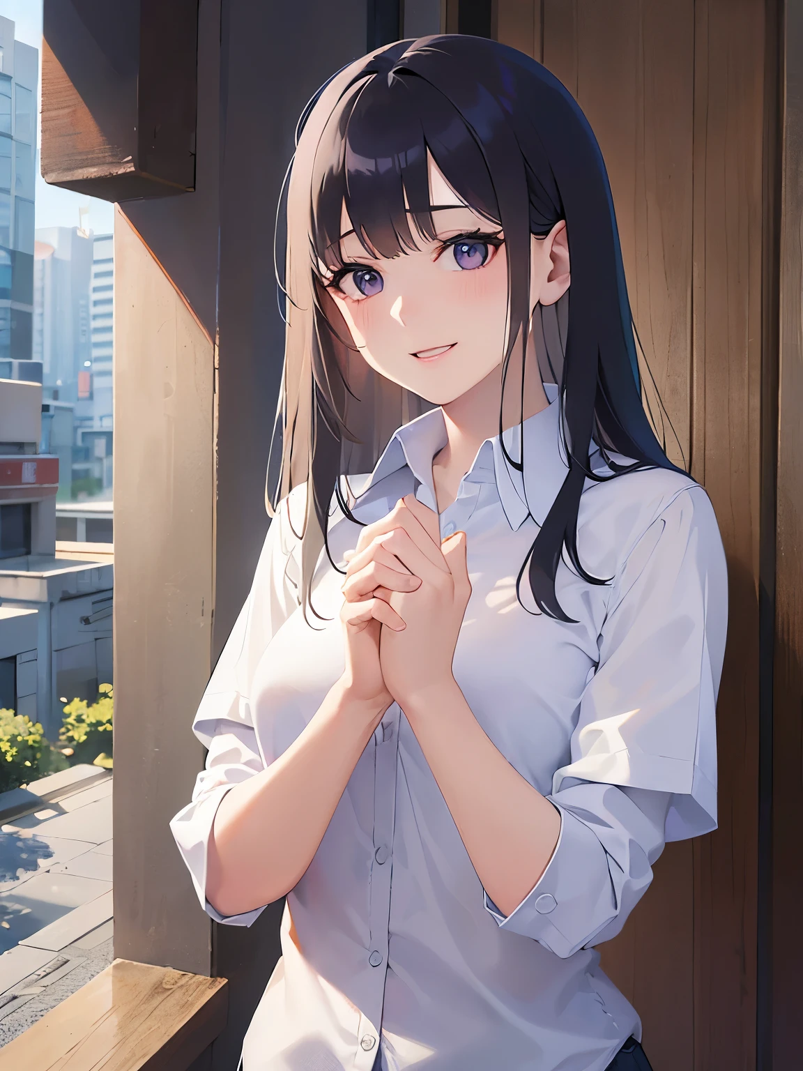 Detailed CG, Ultra-fine illustrations,masterpiece,highest quality, AW Photos,Realistic,BREAK(white collared shirt:1.5)BREAK,(Pale skin:1.2),Shiny skin Shiny Hair,(A 26-year-old woman with straight hair and bangs)and(Medium Hair)and(Black Hair)and(Purple eyes),(smile:1.5)and(upturned eyes:1.3)and(blush),(open mouth),(Hands wiping away tears),(Biologically correct5Fingesurprised)and(missing fingers),The background is the city,alone,Shooting from the sky