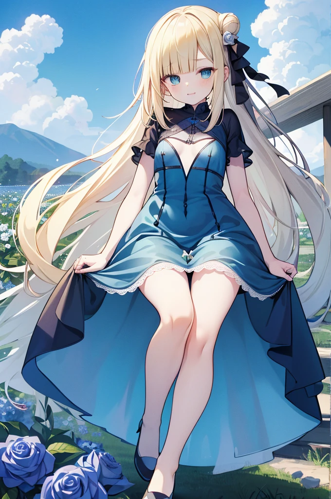 Yellow Hair，Blue eyes，Carly，Adorable，((See-through blue dress))，Blue high heels on her feet，whole body，Fingers and arms are not exposed，Blue rose flower field in the background，Blue sky and white clouds，，Happy expression，High quality light and shadow，Artistic Sense((Hair Bun))(Very long hair))((Blunt bangs))((Bitch))((tsurime))((Big eyes))((Skinny body))((expensive))(Pale skin))((Botanical Prints))((infant))((Showing nipples under shirt))(Pale skin))((Botanical Prints))((infant))((nsfw))((((5 years old)))(((infant)))((Lolita)