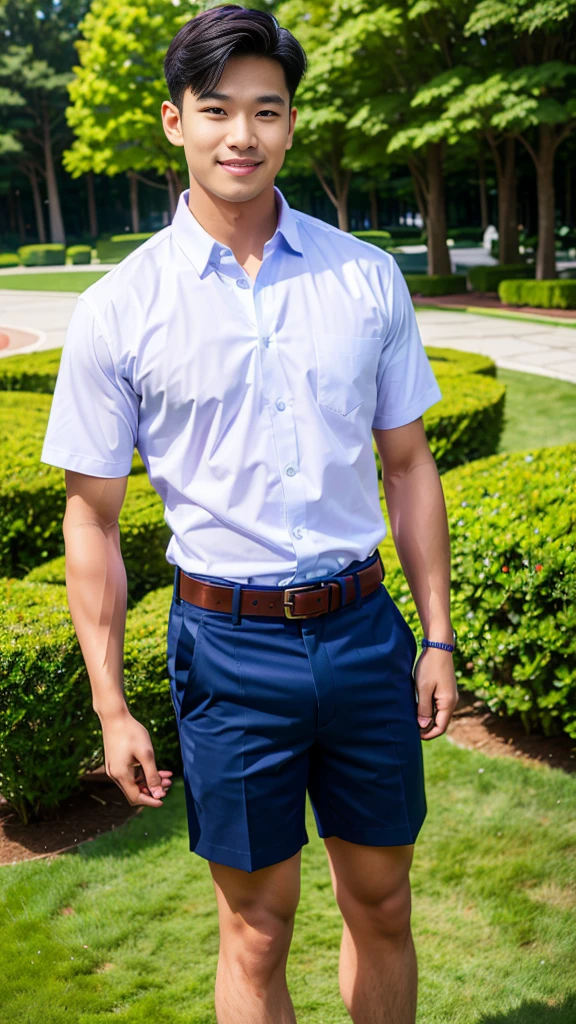 (Create a masterpiece: 1.2),(CGI art:1.3),(realistic:1.5),(After processing:1.3),(Sharp focus:1.3),10,1 man, smile, (Wear a white school shirt.), (Dark blue shorts:1.2),brown belt, Korean guy , korean men, (High gloss details), chest muscles, large arm muscles, blood vessel, Big muscles, Broad shoulders, looking at the audience, Balancing the eyes, forest, mountain, (Make eye contact)