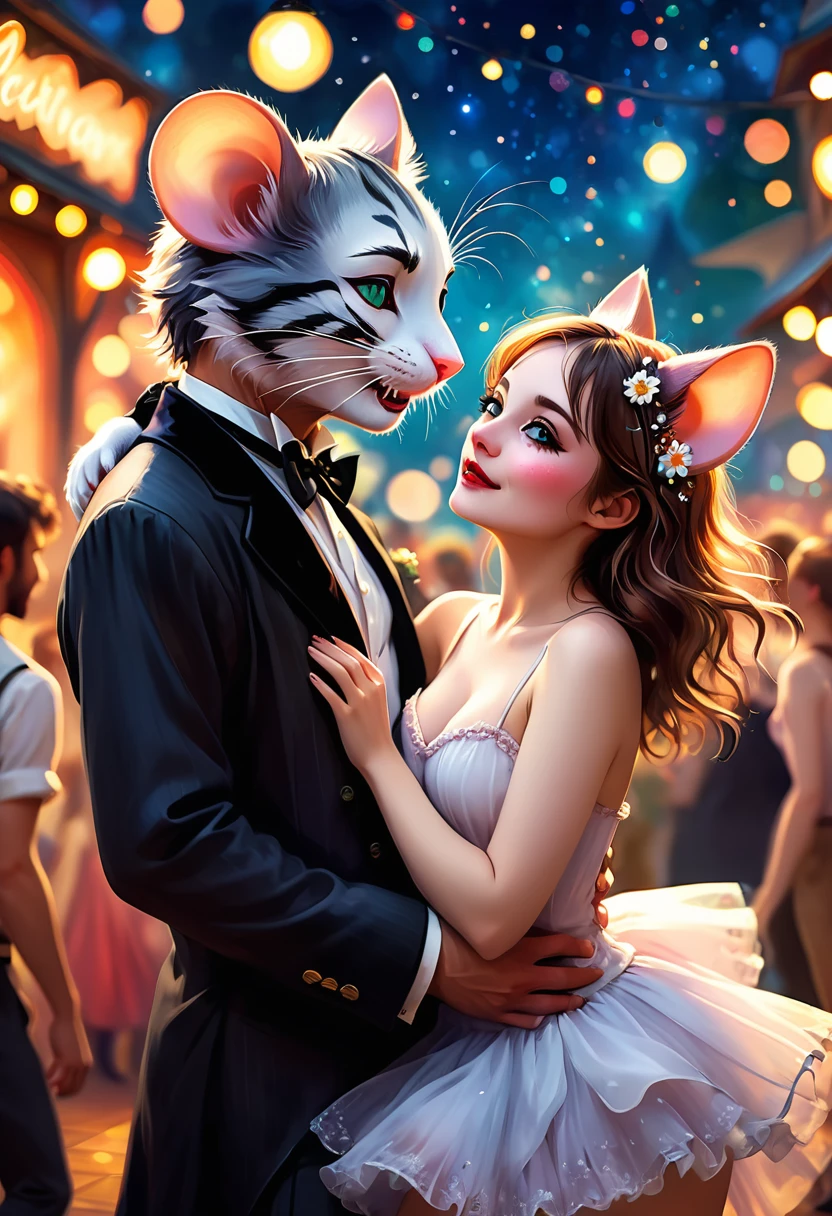 Renoir style , Hallucination, daydream , nightmare , Insane Dream , bokeh , erotica , romance , realistic mouse girl and realistic cat man , realistic nose , festival , social dance