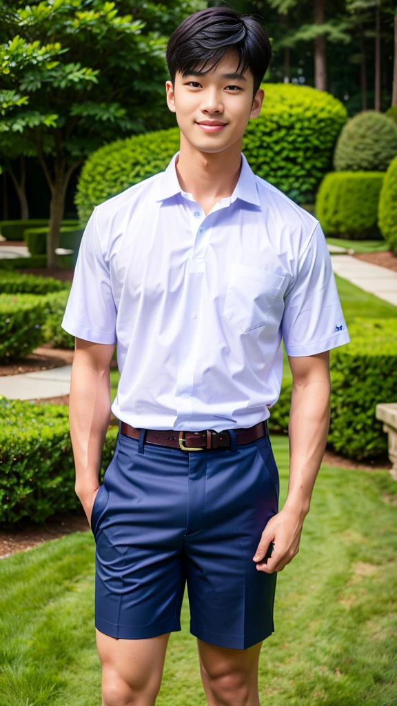 (Create a masterpiece: 1.2),(CGI art:1.3),(realistic:1.5),(After processing:1.3),(Sharp focus:1.3),10,1 man, smile, (Wear a white school shirt.), (Dark blue shorts:1.2),brown belt, Korean guy , korean men, (High gloss details), chest muscles, large arm muscles, blood vessel, Big muscles, Broad shoulders, looking at the audience, Balancing the eyes, forest, mountain, (Make eye contact)