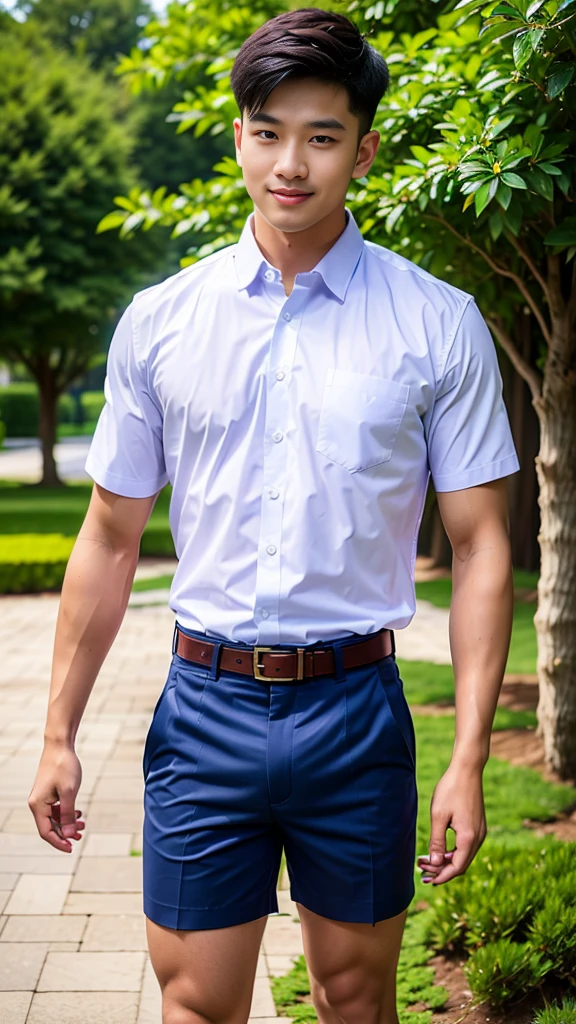 (Create a masterpiece: 1.2),(CGI art:1.3),(realistic:1.5),(After processing:1.3),(Sharp focus:1.3),10,1 man, smile, (Wear a white school shirt.), (Dark blue shorts:1.2),brown belt, Korean guy , korean men, (High gloss details), chest muscles, large arm muscles, blood vessel, Big muscles, Broad shoulders, looking at the audience, Balancing the eyes, forest, mountain, (Make eye contact)