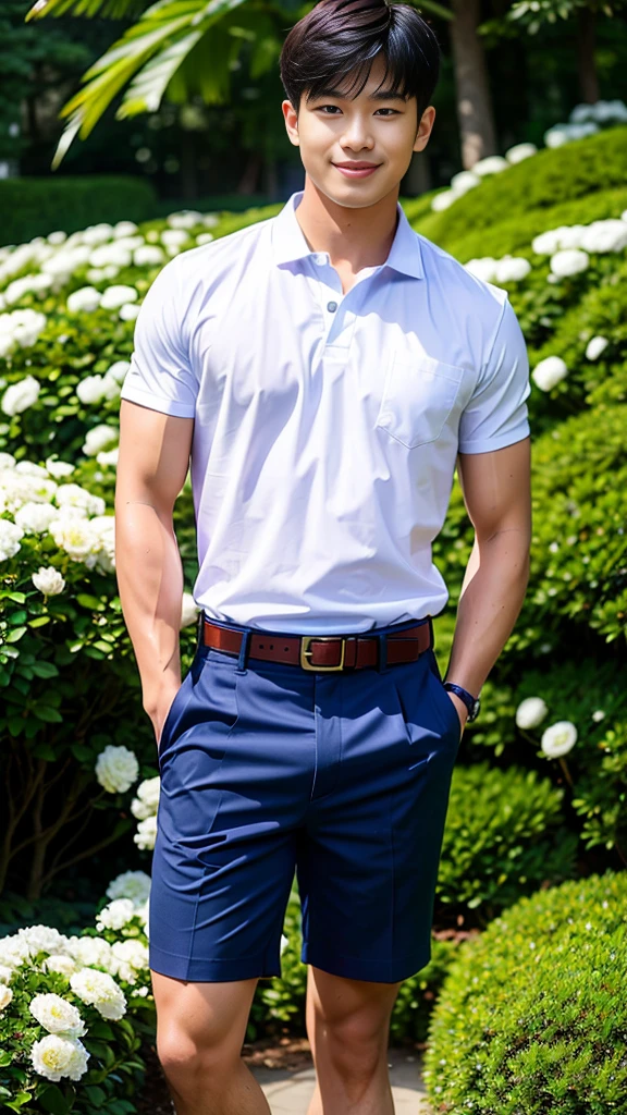 (Create a masterpiece: 1.2),(CGI art:1.3),(realistic:1.5),(After processing:1.3),(Sharp focus:1.3),10,1 man, smile, (Wear a white school shirt.), (Dark blue shorts:1.2),brown belt, Korean guy , korean men, (High gloss details), chest muscles, large arm muscles, blood vessel, Big muscles, Broad shoulders, looking at the audience, Balancing the eyes, forest, mountain, (Make eye contact)