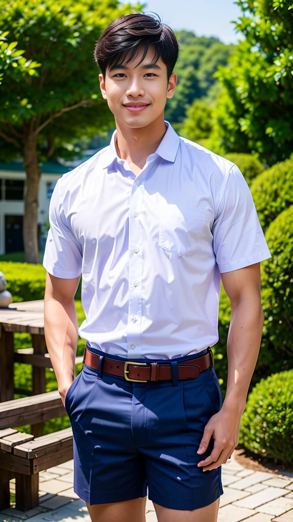 (Create a masterpiece: 1.2),(CGI art:1.3),(realistic:1.5),(After processing:1.3),(Sharp focus:1.3),10,1 man, smile, (Wear a white school shirt.), (Dark blue shorts:1.2),brown belt, Korean guy , korean men, (High gloss details), chest muscles, large arm muscles, blood vessel, Big muscles, Broad shoulders, looking at the audience, Balancing the eyes, forest, mountain, (Make eye contact)