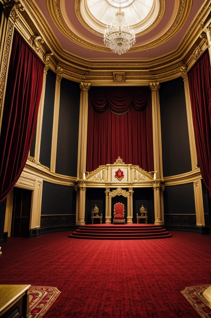 A coronation hall with throne in the center based on the red queen in wonderland