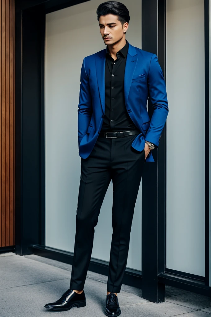 a man wearing a blue long sleeves with a black blazer and a black pants