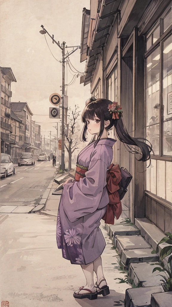 Japanese style purple kimono、Adult woman in the city