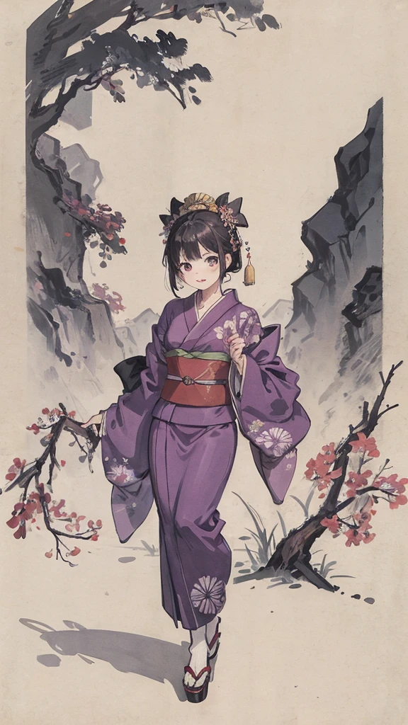 Japanese style purple kimono、Adult woman in the city