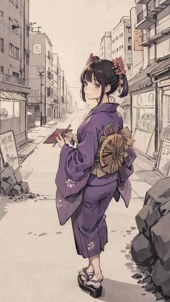 Japanese style purple kimono、Adult woman in the city