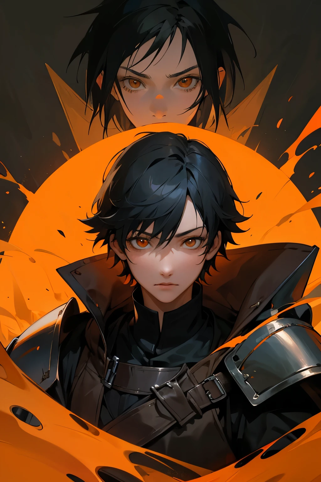 orange eye,portrait,Black hair ,youngboy,Middle Ages,sad,25 age,middle ages jacket armor,final fantasy,knigth