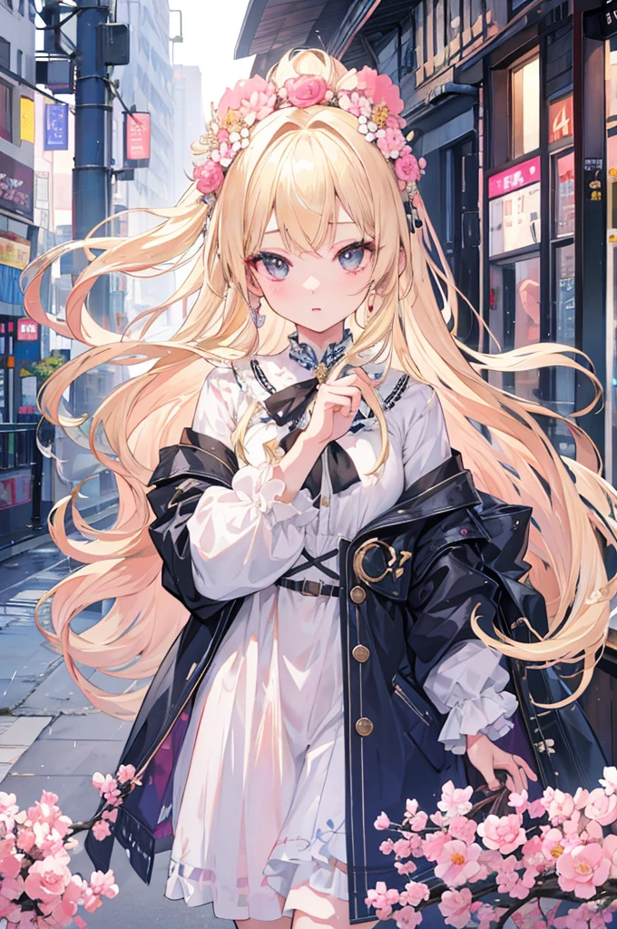 One Girl、City of night、rain、coat、Put your hands in your pockets、Absurd, High resolution, ((Tabletop)), And soul、((Highest quality)), (Super detailed), ((Very detailed)), (beautiful), ((pretty girl)), solo,(14 years:1.6)、beautiful face、White skin、On the street、There is a big stuffed animal that is very cute...Shiny casual attire、long pale blonde hair、Pink flower hair ornament、