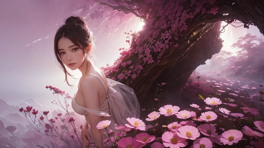 32k, Masterpiece, Highest quality, One girl, Detailed eyes, flower,Sandersonia, Pink and brown style,A dreamy, romantic piece,Pale pink, Mysterious Leaves,A playful arrangement,Fantasy,High Contrast,Ink strokes,explosion,Exposure, Impression of pink and brown tones,Abstract,((Watercolours by John Berkey and Jeremy Mann )) Brush strokes,Negative Space, Tyndall effect,