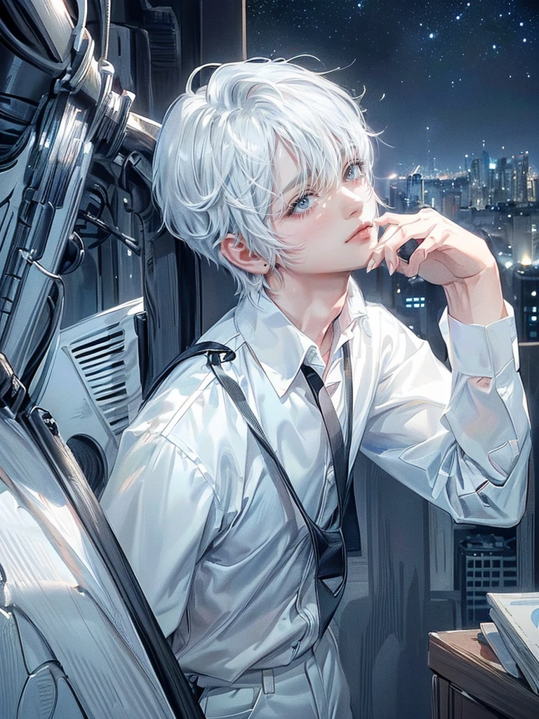 ((4K works))、masterpiece、(top-quality)、One beautiful boy、Slim body、tall、((White Y-shirt and white pants、Charming British knight style))、(Detailed beautiful eyes)、Fantastic Night City、((City under the stars))、Fantastic city at midnight、((Face similar to Carly Rae Jepsen))、((Short-haired white hair))、((Smaller face))、((Neutral face))、((Bright blue eyes))、((American adult male))、((Adult male 26 years old))、((Cool Men))、((Like a celebrity))、((Crying expression))、((sad look))、((Korean Makeup))、((elongated and sharp eyes))、((Happy dating))、((boyish))、((Upper body photography))、Professional Photos、((Shot alone))、((She is looking up at the sky under the roof))、((Shot from the side))、((Crying profile))、((Face crying in pain))、((He is looking upwards))、((His eyes are looking down))、((He stands next to the viewer))、((He who cries))、I'm crying on a stick.、Man crying while standing、Solitude、saddened、desolate、suffocating、heartbreaking、auw、Tears dripping on the cheeks