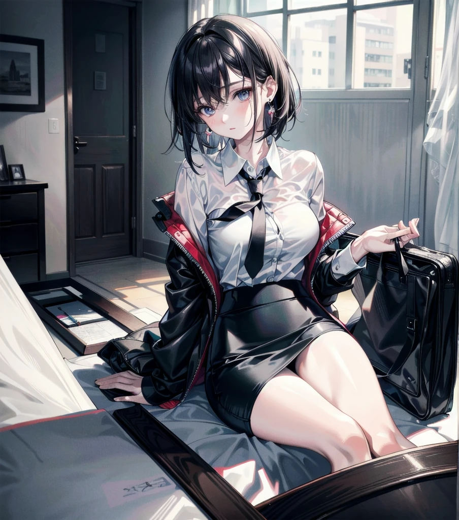 RAW photo, extremely delicate and beautiful, masterpiece, Best Quality, ultra high resolution, 16k, photorealistic, ultra detailed description, pale skin, in her 20s, whole body, medium tits, medium hair, black hair, tearful mole, earring, business suit, pencil skirt, ((unbuttoned)), shirt, tie,