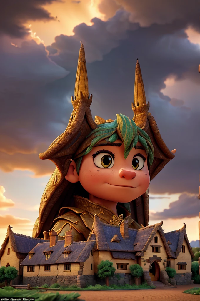 A Magnificent Giant Dragon, adorned with intricate scales that glimmered under the golden hour lighting, stood towering over a picturesque medieval village. The dragon's eyes shone brightly, emitting an ethereal glow that illuminated the quaint thatched-roof cottages and cobblestone streets below. The villagers, clad in period costumes, stood in awe, their faces expressing a mix of fear and admiration. The entire scene was framed by a dramatic cloudy sky, with the setting sun casting long, dramatic shadows over the village. The composition was cinematic, with every detail meticulously crafted tocapture the grandeur of the