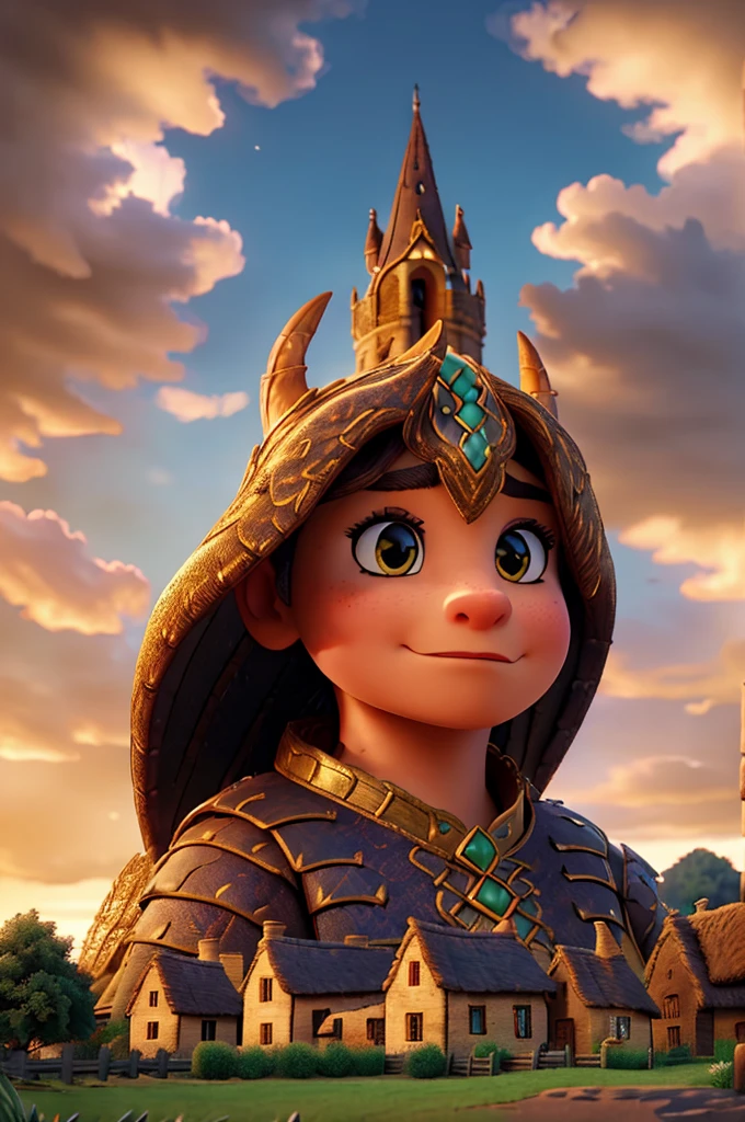 A Magnificent Giant Dragon, adorned with intricate scales that glimmered under the golden hour lighting, stood towering over a picturesque medieval village. The dragon's eyes shone brightly, emitting an ethereal glow that illuminated the quaint thatched-roof cottages and cobblestone streets below. The villagers, clad in period costumes, stood in awe, their faces expressing a mix of fear and admiration. The entire scene was framed by a dramatic cloudy sky, with the setting sun casting long, dramatic shadows over the village. The composition was cinematic, with every detail meticulously crafted tocapture the grandeur of the