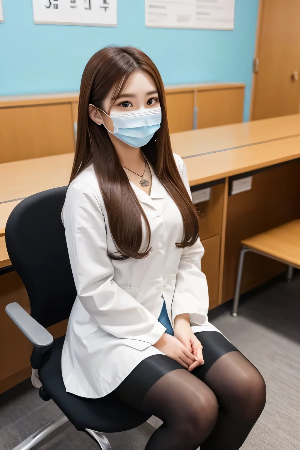 Beautiful young woman、 Korean women、Brown Hair、Sit in a chair in the examination room、Necklace around the neck、Full body photo、White、skirt、tights、pumps、Stethoscope、Mask on mouth、Intricate details, Very detailed:1.2), 、 Looking into the camera,The background is the examination room、ear piercing