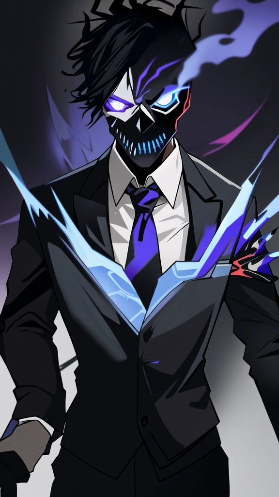 solo, tie, black suit, upper body, black pants, purple fire with blue details, skull with red smoke with gree  and blue details, blue fire on the skull, dark negative aura around, bloodthirsty look, purple pupils coming out smoke, holding a revolver, tie half blue half purple, one slit eye