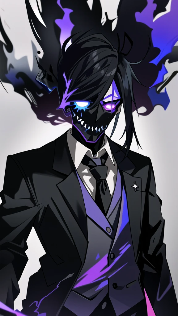 solo, tie, black suit, upper body, black pants, purple fire with blue details, skull with red smoke with gree  and blue details, blue fire on the skull, dark negative aura around, bloodthirsty look, purple pupils coming out smoke, holding a revolver, tie half blue half purple, one slit eye