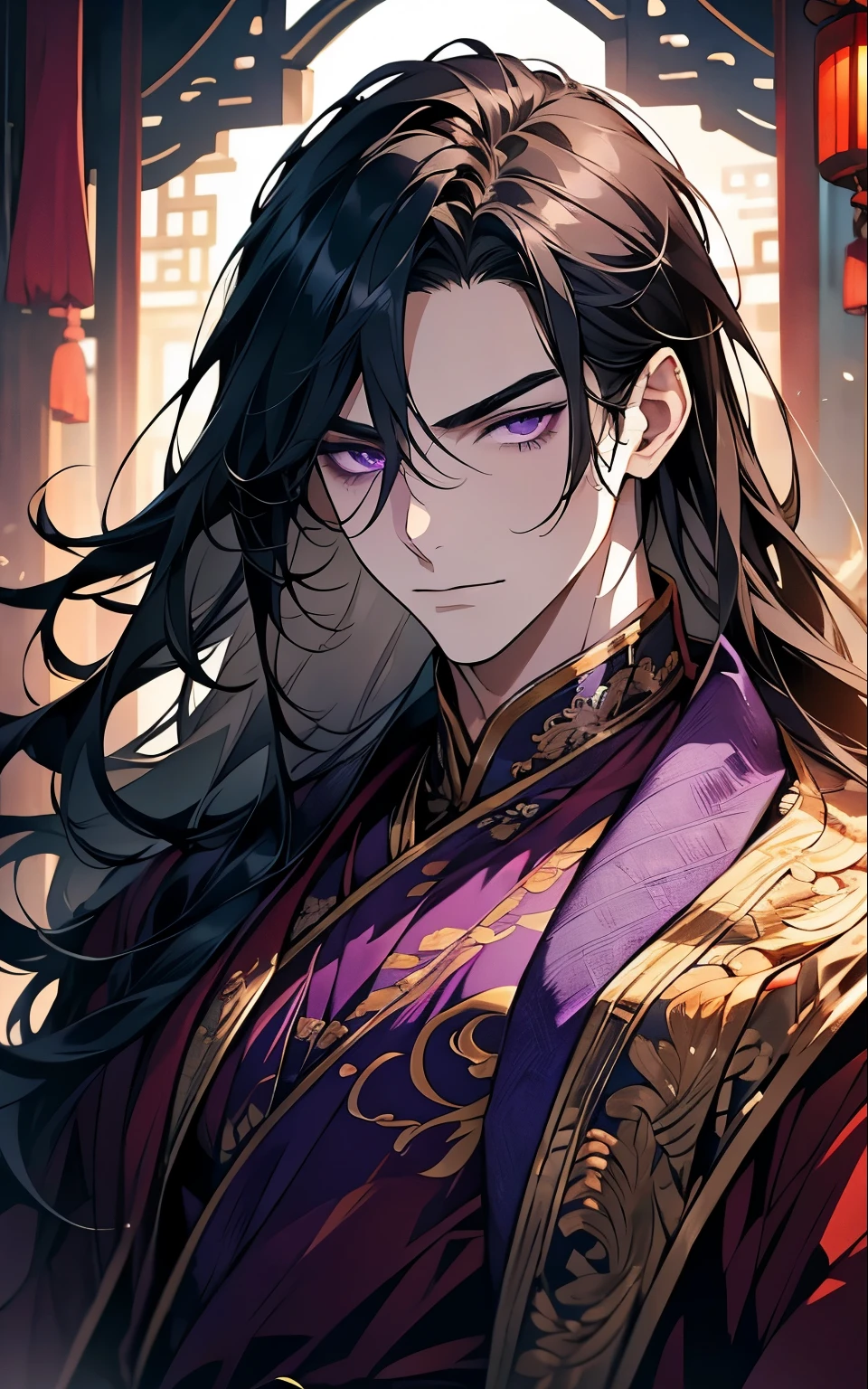 1 middle-aged man, (45 years old), long black hair, violet eyes, chinese clothes, (!PURPLE! clothes), available at purple chinese room, portrait