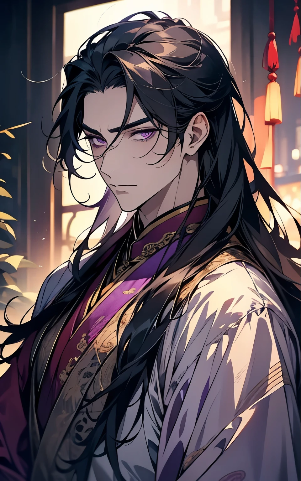 1 middle-aged man, (45 years old), long black hair, violet eyes, chinese clothes, (!PURPLE! clothes), available at purple chinese room, portrait