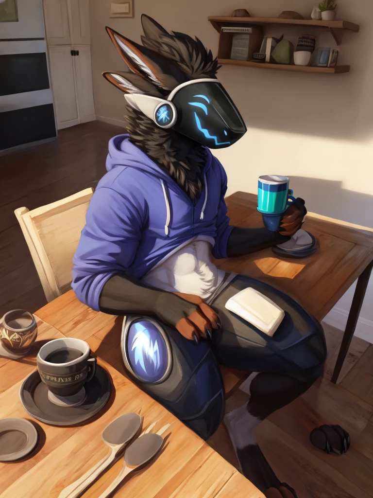 Protogens, Masculine,.Wear a comfortable hoodie., Red protogen visor, Black feathers, Black feathers, A cup of tea on the table., Sitting in the dining room, comfortable,