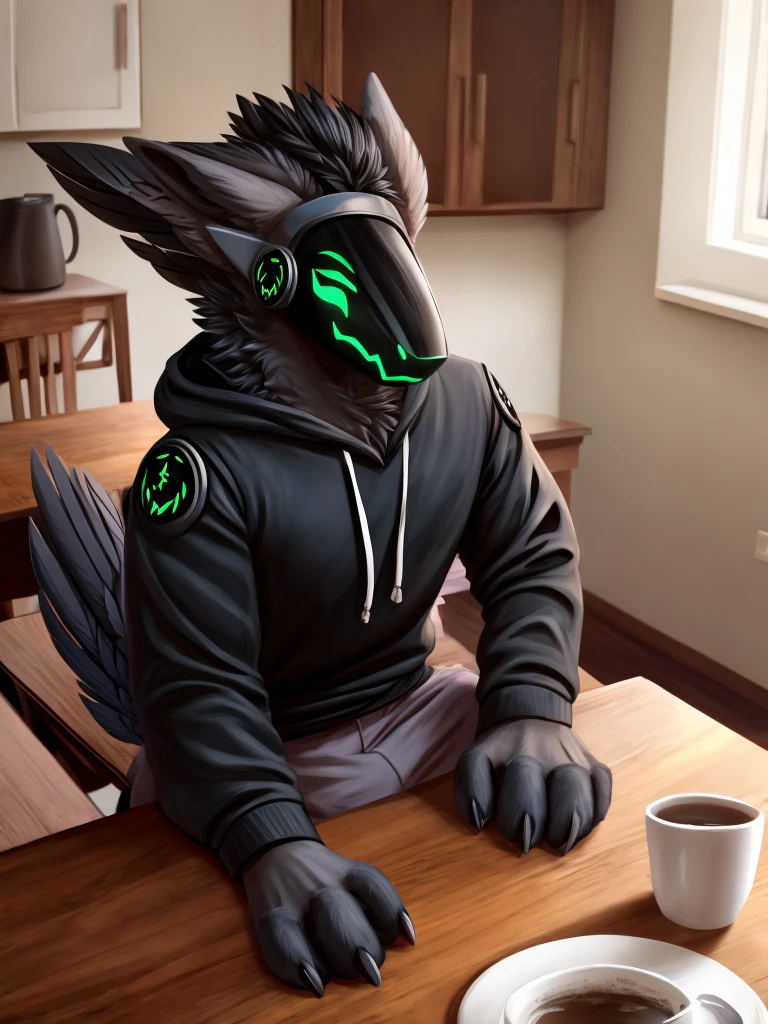 Protogens, Masculine,.Wear a comfortable hoodie., Red protogen visor, Black feathers, Black feathers, A cup of tea on the table., Sitting in the dining room, comfortable,