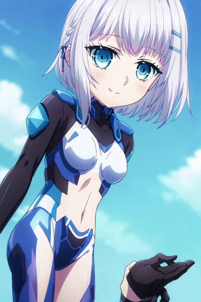 2girls, multiple girls, two female characters, half-siblings, ldual persona, height difference, crossover, friends, anime style, 4k quality, masterpiece, best quality, "Kanase Kanon blue eyes, White hair, side braid, braid, blue ribbon, hair ribbon, medium hair, small breasts, neatfigure, age girl, Height 158 cm", "Tobiichi Origami white hair, short hair, blue eyes, hairclip, beautiful eyes, detailed eyes, small breast, height 152 cm ", adopted costume, cosplay, fortified suit, bodysuit, pilot suit, fortified suit, ((shiny clothes)), ((blue :1.3) plugsuit), ((black :1.3) armored), glossy, pilot suit, armored bodysuit, impossible clothes, impossible bodysuit, headgear, interface headset, chin protector, The suit's chin guard is notably absent in Alternative's anime adaptation, smile, closed mouth, standing, face-to-face, looking at another, holding hands,