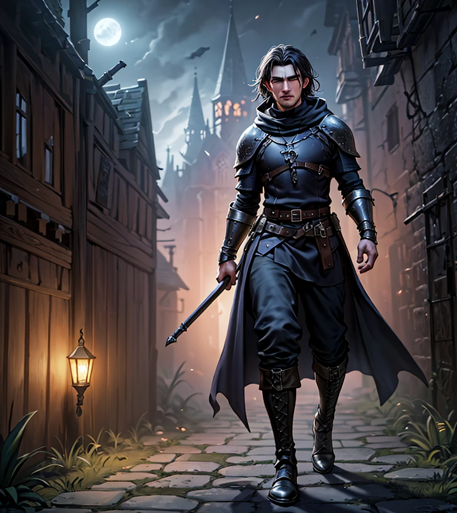 (((Solo character image.))) (((Generate a single character image.))) (((Dressed in medieval fantasy attire.))) (((Dressed in medieval fantasy attire.))) (((Looks like Adonis.))) (((Appears to be 20 years old with youthful looks.))) (((Dark and sinister background at night.))) (((Alpha male))) (((Solo character image.))) (((Generate a single character image.))) Dark fantasy art, (((Dark, night time background.))) (((Strong elements of dark medieval fantasy.))) (((Sexy and handsome male.))) (((This is an urban explorer in a dark fantasy realm.))) Night background. Dark. Eerie. Dark fantasy art, short cropped blond hair, Scoundrel. Vagabond. Miscreant. Knave. This is an urban explorer in a dark fantasy realm. Looks mysterious, wearing a black shirt, black pants and black boots. Looks like a sneaky rogue in medieval fantasy urban setting. Looks like a shady rogue in a medieval fantasy setting. Looks like a medieval fantasy male character. Looks like a male rogue for Dungeons & Dragons in a medieval fantasy setting. Wears lots of black clothing. Looks like a handsome criminal for a medieval fantasy setting. Looks shifty. Looks suspicious. Looks untrustworthy. wearing black leather medieval clothing, sneaky, rogue, muscular, gorgeous face, fantasy artwork, fantasy attire, fantasy adventurer, masterpiece:1.3,madly detailed photo:1.2, hyper-realistic lifelike texture:1.4, picture-perfect:1.0,8k, HQ,best quality:1.0, (masterpiece,fantasy,art, best quality, unreal engine, 8k, ultra HD, centered image, absurdres