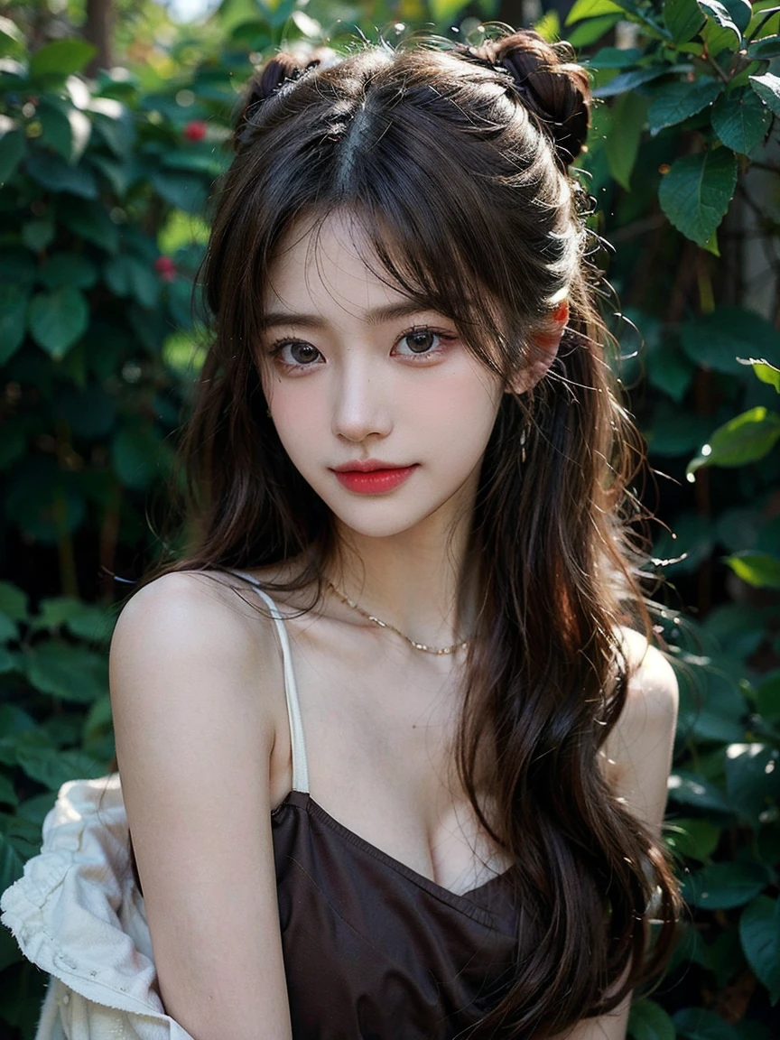 1girl, (looking at viewer:1.2), detail face, (a girl standing, rending on cgsociety, Rose bush backdrop), romanticism, atmospheric, (RAW photo, best quality), (realistic, photo-realistic:1.3), masterpiece, an extremely delicate and beautiful, extremely detailed, D cup,Cleavage,Translucent brown tube top 1.5)Hair in a bun,Small and delicate earrings,Exquisite eye details,Shy smile 1.5