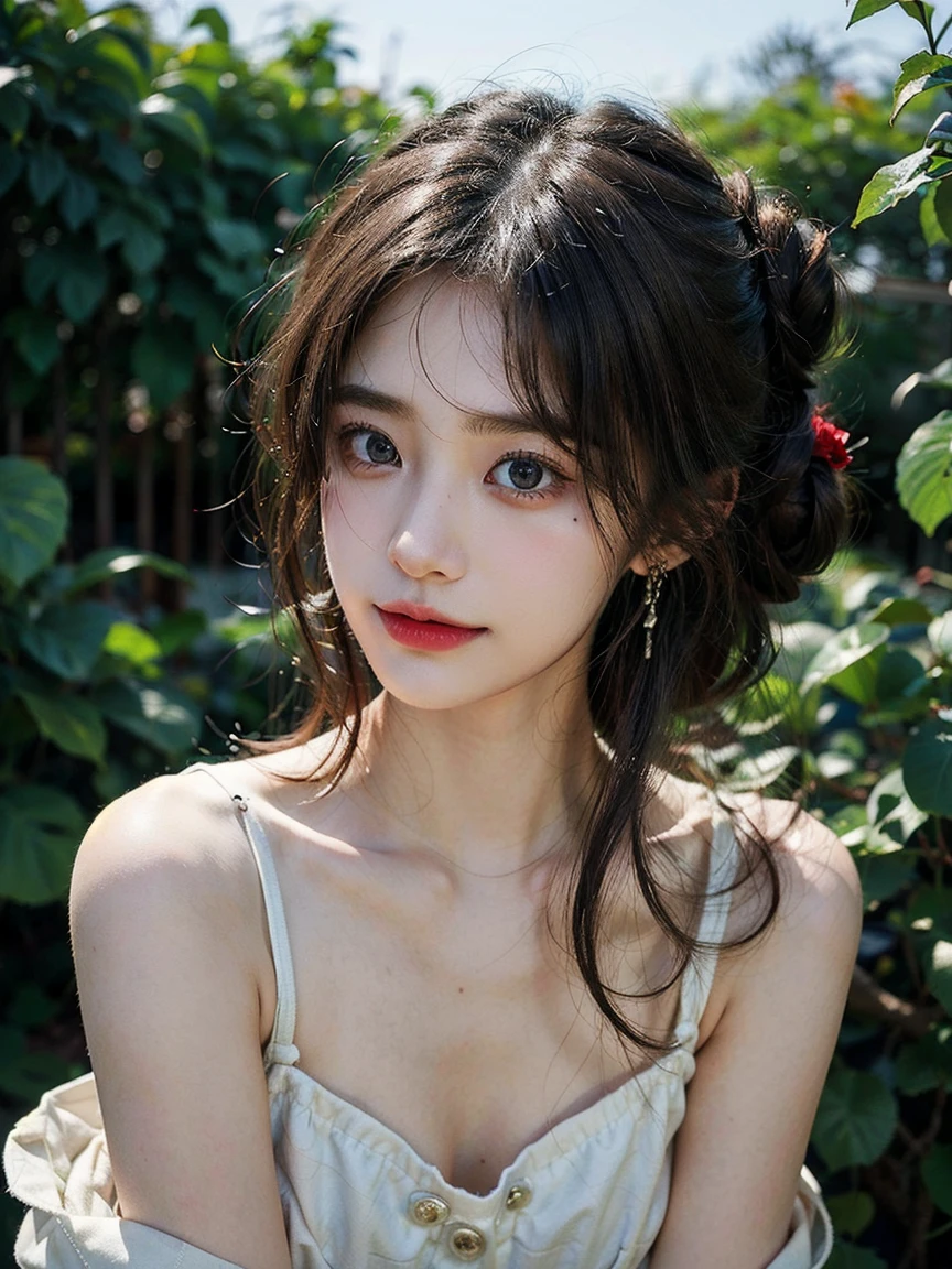 1girl, (looking at viewer:1.2), detail face, (a girl standing, rending on cgsociety, Rose bush backdrop), romanticism, atmospheric, (RAW photo, best quality), (realistic, photo-realistic:1.3), masterpiece, an extremely delicate and beautiful, extremely detailed, D cup,Cleavage,Translucent brown tube top 1.5)Hair in a bun,Small and delicate earrings,Exquisite eye details,Shy smile 1.5