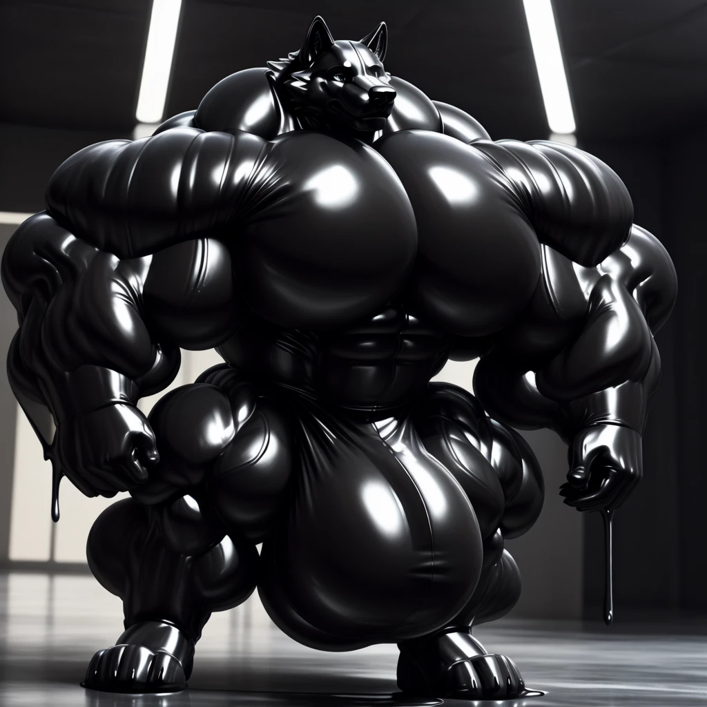 solo, male, , , , (hyper pecs:1.3), （long thick thighs:1.5）, standing, indoor,，(，,(,solo,very hyper muscles:1.3)((, Huge bulge：1.5))）（)), black glowing liquid，（((liquid_latex, , rubber:1.2)，,black latex，goo transformation，(gooey)()(l），unreal engine,perfect light，detailed, photorealistic, 4k, hd, , , , good anatomy, , (), ,, high quality, best quality, concept art, photorealistic,wolf