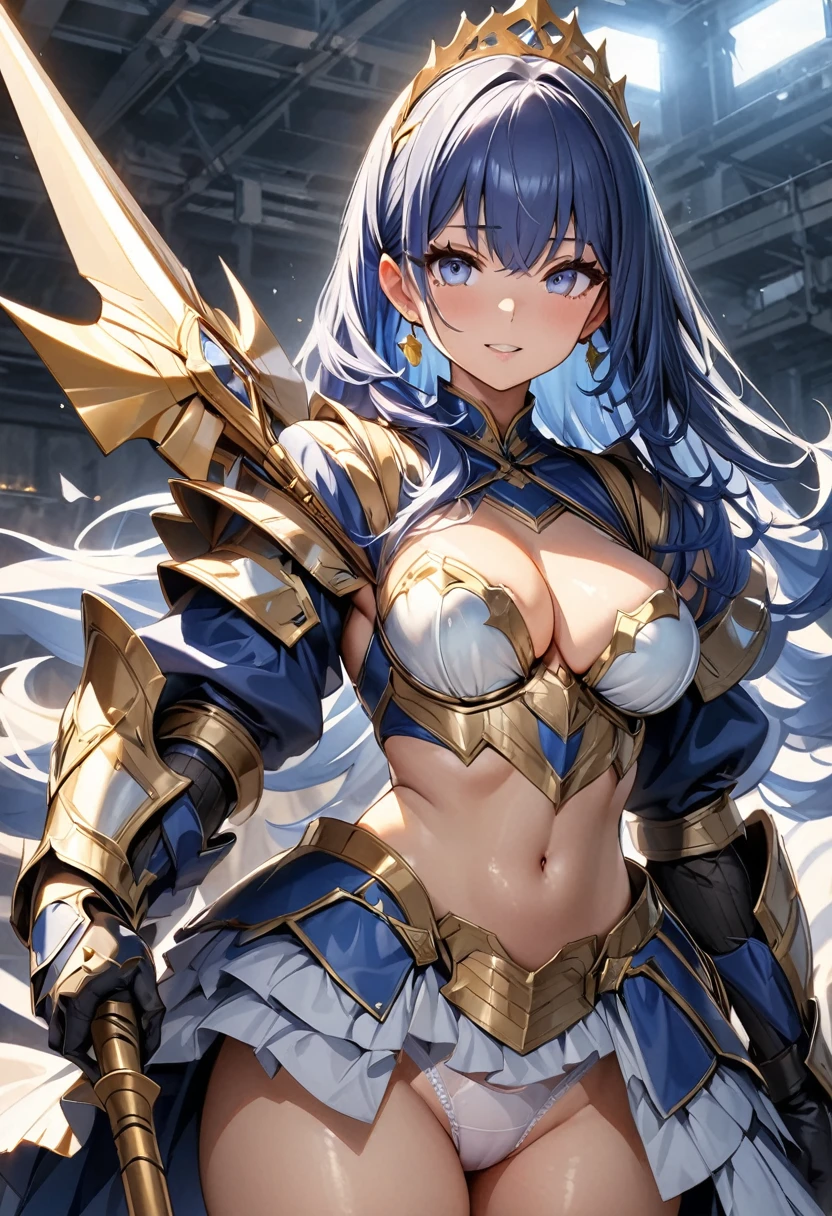 (Perfect Anatomy)、Mastepiece、Ultra High Quality、 8K、masterpiece、Highest quality、Ultra-high resolution、Maximum resolution、Very detailed、Professional Lighting、anime、Adult female、thin、so beautiful、Highly detailed eye、Draw the whole body、Armored Dress, Blue and white armor, , Golden decorated luxury tiara，Golden earrings，Frilly Armor，Blue Hair, blue eyes，White underwear, equipped with a spear, Spearman