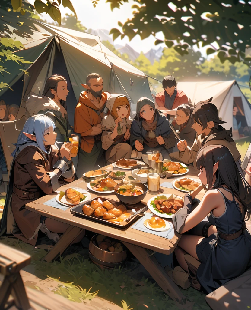 (best quality, masterpiece, ultra highres, ultra-detailed:1.2) , "Delicious in Dungeon",Dwarf warrior,Human knight,Elf Wizard,Half-footed Adventurer,Everyone gathers around the table to enjoy the food,detailed face,Camping at dungeon,