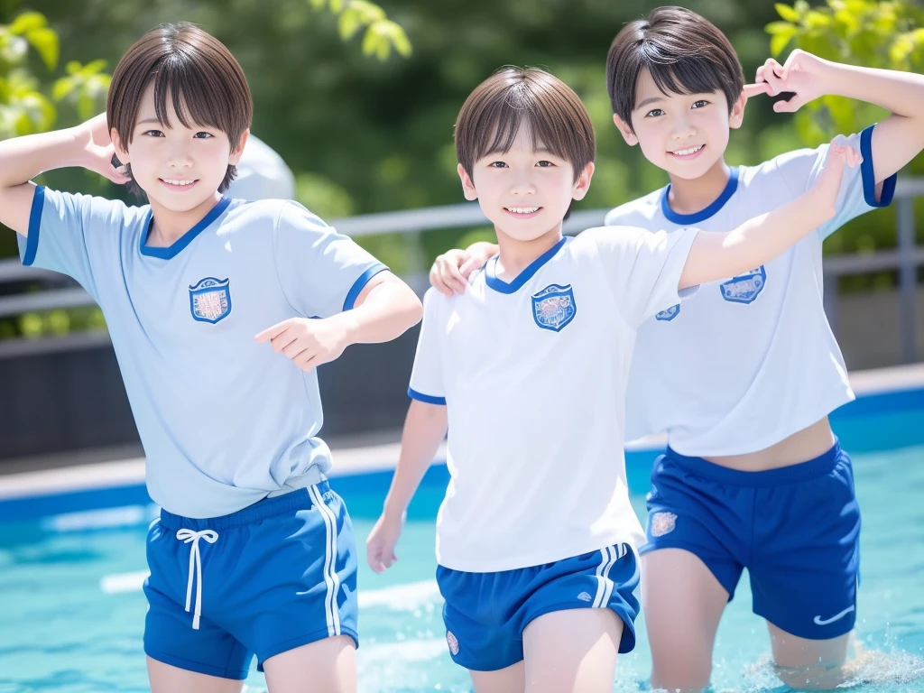 夏休みのprimary school校、Pool、primary school５Grade、Japan Boy、The water feels good、hot day、Two Boys、Youth Power、Short sleeve gym uniform、Blue shorts、physical education、barefoot，（Boy 1.4）、Boys only 、(１０Age 1.４)