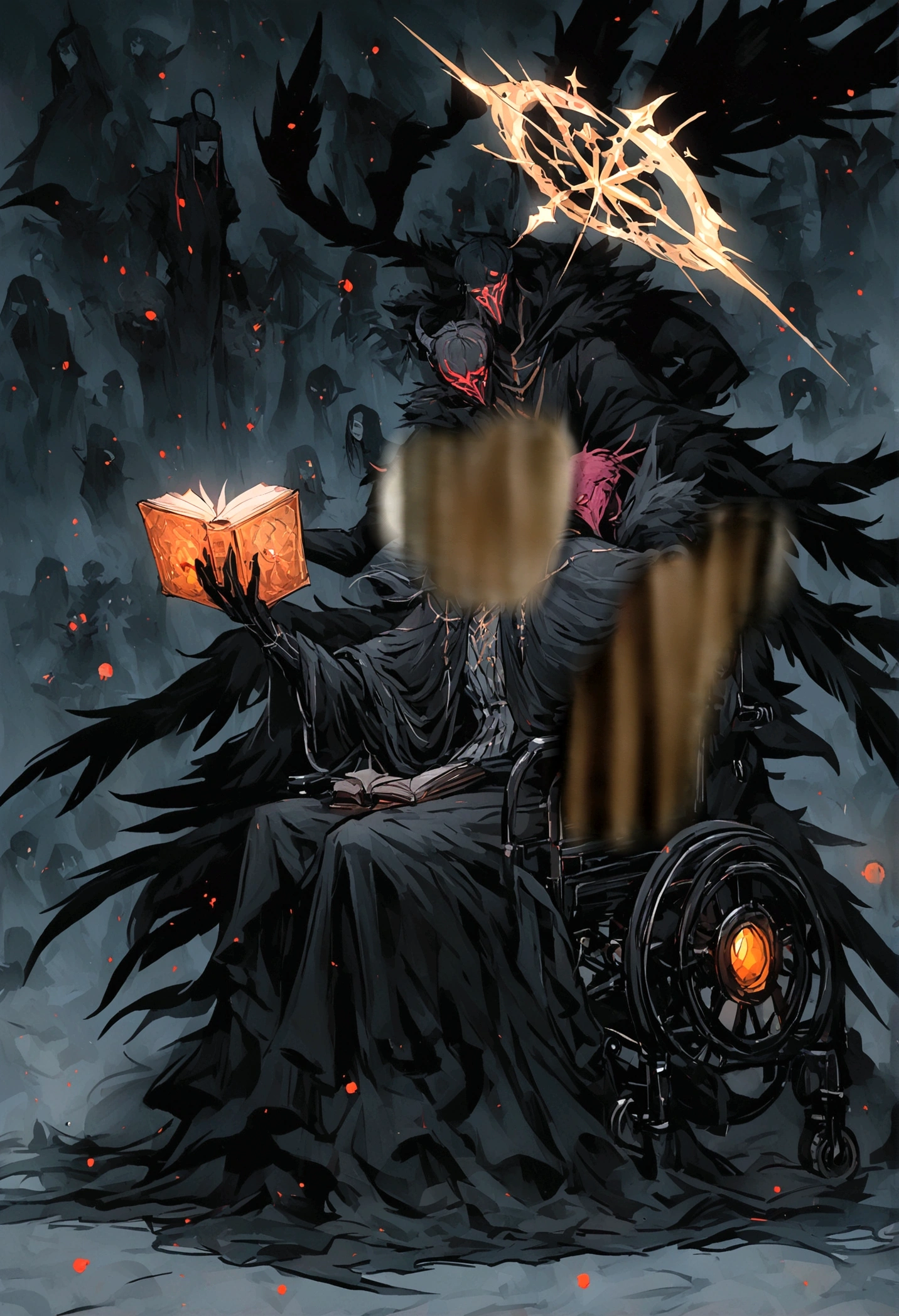 work of art:1.2, best qualityer, ultra detaild, mascle, focused, human face, masculine face, man's face, black horns, celestial demon wizard, Youngh, serious, chilly, horns on her head and a shining golden halo behind her symbolizing her celestial and demonic duality, two large black wings that combine bright plumes with a dark and threatening appearance, black hair, kentaro miura style, fancy, Sci-fi, light background, a painting of a man in a black robe sitting in a wheelchair, holding an open ancient magical book, Dress him in dark, majestic robes with golden details, black hair, dark haired, demonic angel, black feathers, big black wings, standing alone, inspired by Edmundo Blampied, inspired by Nicola Samori, inspired by Pietro Longhi, by Nicola Samori, by Edmundo Blampied, Direction: Stephen Gammell, Estilo Stephen Gammell, sinister figure in the background, Direction: Leonaert Bramer, Direction: Johann Kaspar Füssli .