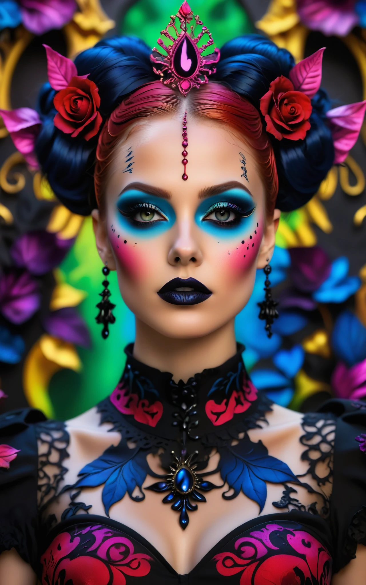 (best quality, 4K, 8K, high-resolution, masterpiece), ultra-detailed, photorealistic, striking young woman, bold Neo-Gothic makeup, bold Neo-Gothic hair, vibrant Pop Art inspired outfit, intricate facial designs, modern fashion, high fashion, vibrant colors, digital art