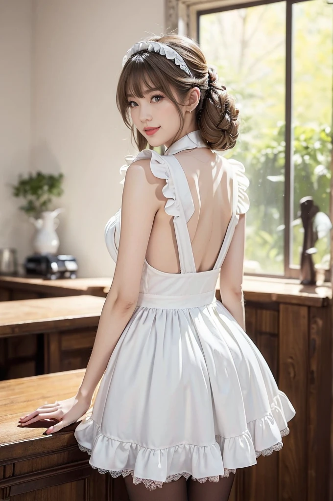 (((best quality))),(((ultra detailed))),(((masterpiece))),illustration,1girl,maid cafe,stunningly beautiful,slim,medium straight bob hair,bare back,towering hips,butt crack,deep captivating eyes,maid costume,see through lace apron,short hemline,bare arms,arms behind back,thighs,slender legs,pantyhose,graceful movements,confident charm,warm genuine smile,France cafe,delicious coffee pastries,warm inviting atmosphere,joyful eyes,Coffee Machine,upper body,from back