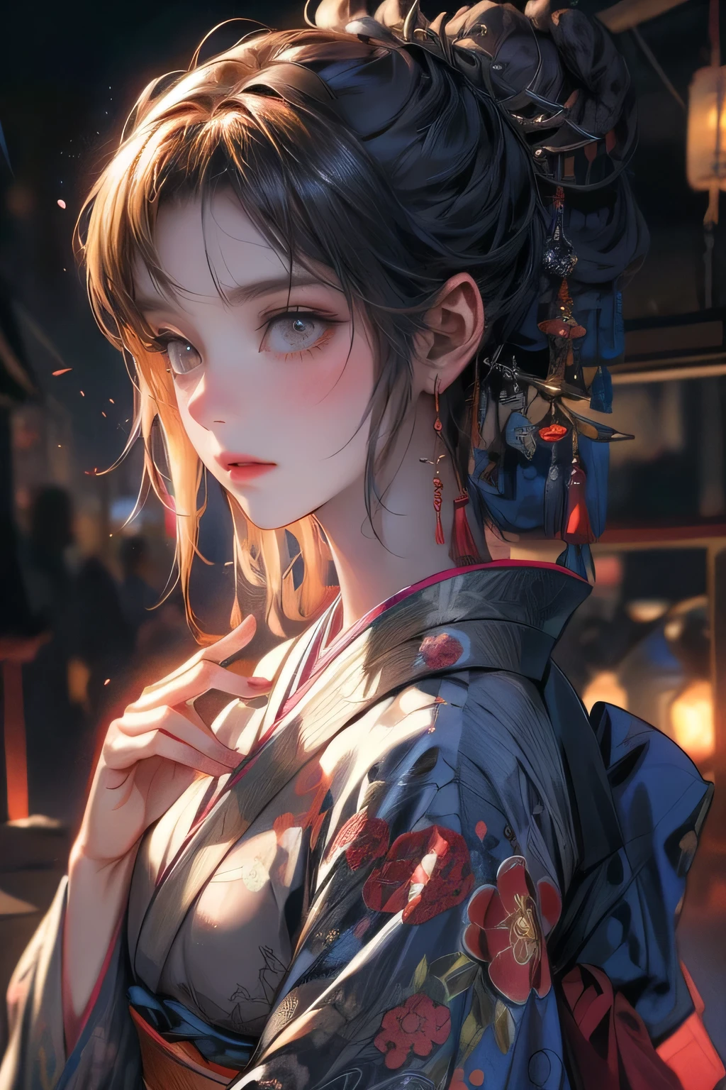 detailed full-body, masterpiece:1.2, highest quality,16,highres,ultra detailed,ultra realistic,photo realistic:1.37, beautiful cute girl, traditional japanese clothing, kimono, bare shoulder:1.3, open kimono, through bangs, updo, beautiful detailed eyes, beautiful detailed lips, extremely detailed eyes and face, longeyelashes, night, moonlight, moon, sad expression, melancholic, moody, atmospheric, woodblock print, muted colors, dark tones, cinematic lighting, dramatic lighting, chiaroscuro