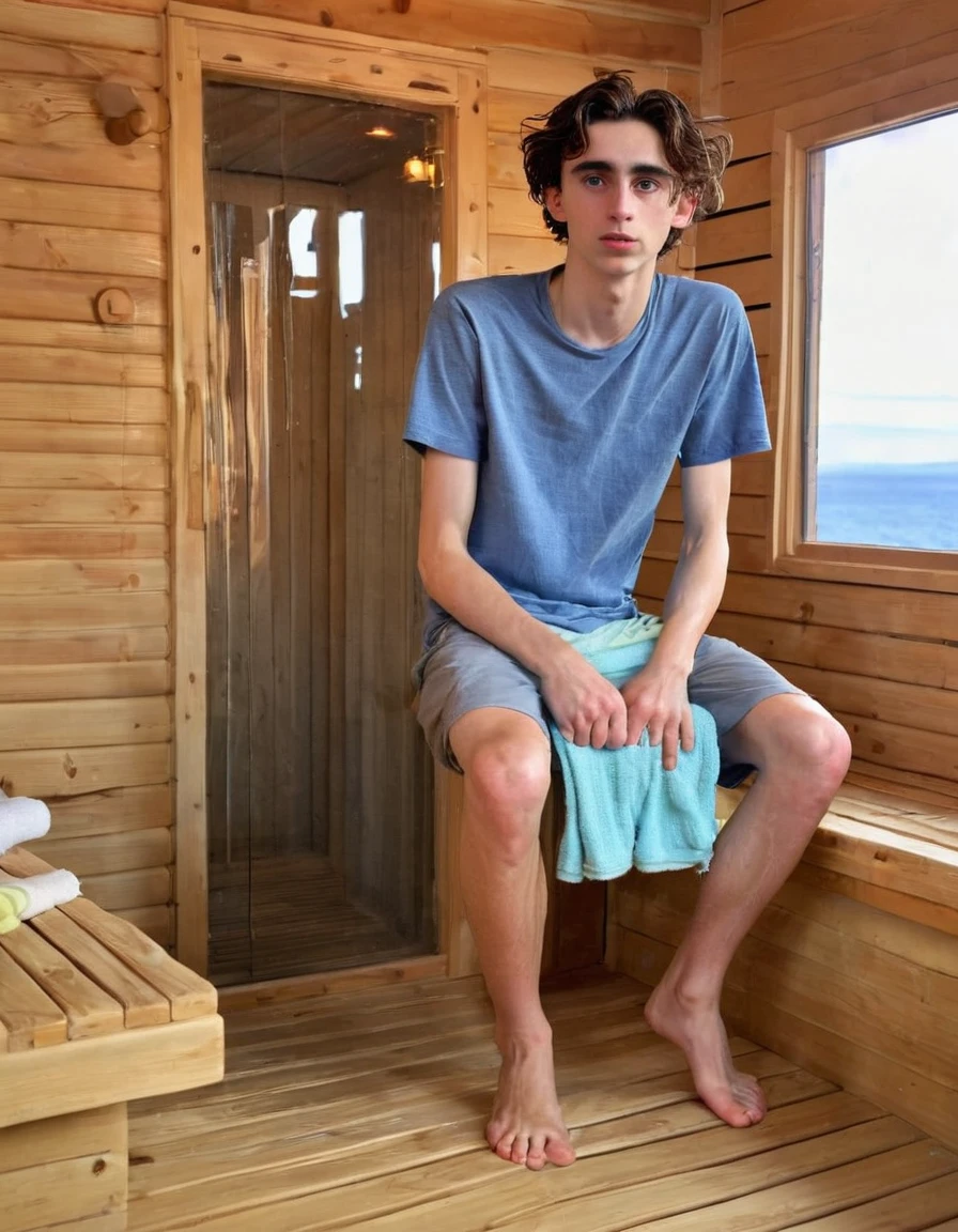 Timothée Chalamet, sweaty teen boy, in water, in finnish sauna, no clothing, far from camera, whole body, braces, age 19, wavy tiktok hair, boxer, bare feet, wearing no t-shirt topless, finnish sauna mountain, short fine armpit hair, flexing, veiny arms, cute, tall, lean, not muscular, wispy pubes, muscular teen boy masterpiece, high resolution, feet visible, no shoes, very dirty feet, skinny, tall, foot fetish, tall boy, teen boy, braces, best quality, sticky armpit hair, sticky, glue on floor, wet floor, sticky clothes, drops on underwear, drops on shorts, sticky on shorts, drops on floor, sweaty face, sweaty hair, Dune by Herbert, Science fiction