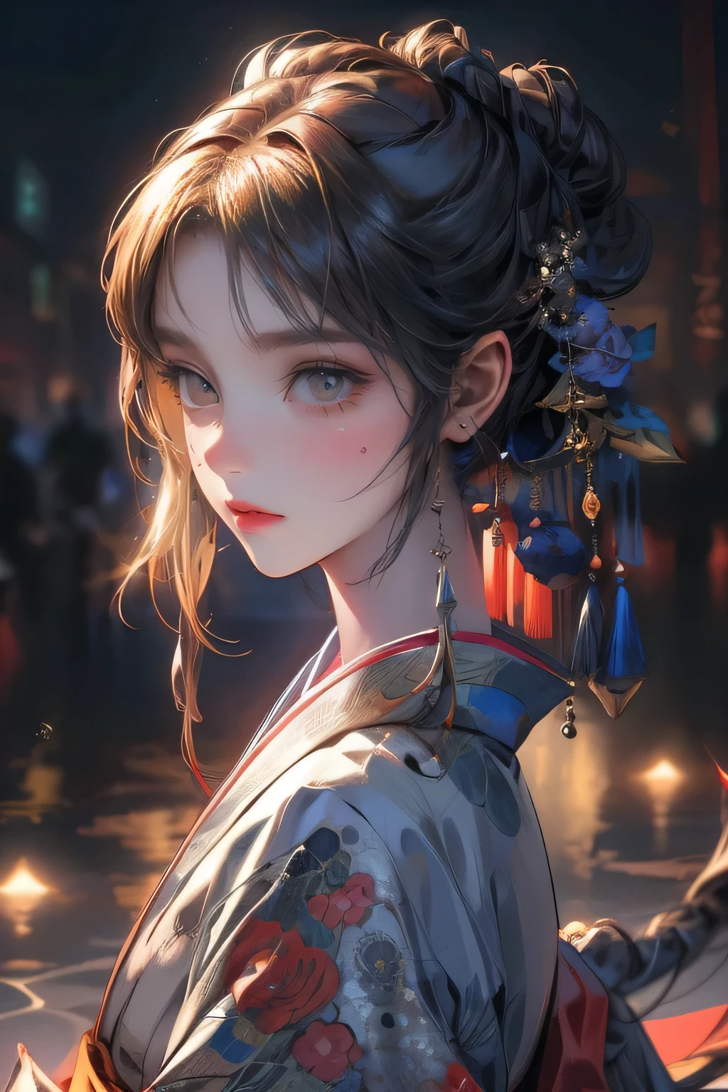 detailed full-body, masterpiece:1.2, highest quality,16,highres,ultra detailed,ultra realistic,photo realistic:1.37, beautiful cute girl, traditional japanese clothing, kimono, bare shoulder:1.3, open kimono, through bangs, updo, beautiful detailed eyes, beautiful detailed lips, extremely detailed eyes and face, longeyelashes, night, moonlight, moon, sad expression, melancholic, moody, atmospheric, woodblock print, muted colors, dark tones, cinematic lighting, dramatic lighting, chiaroscuro