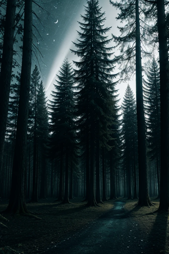 Scary forest in dark night, with big trees skeletons on land moon light reflects on trees