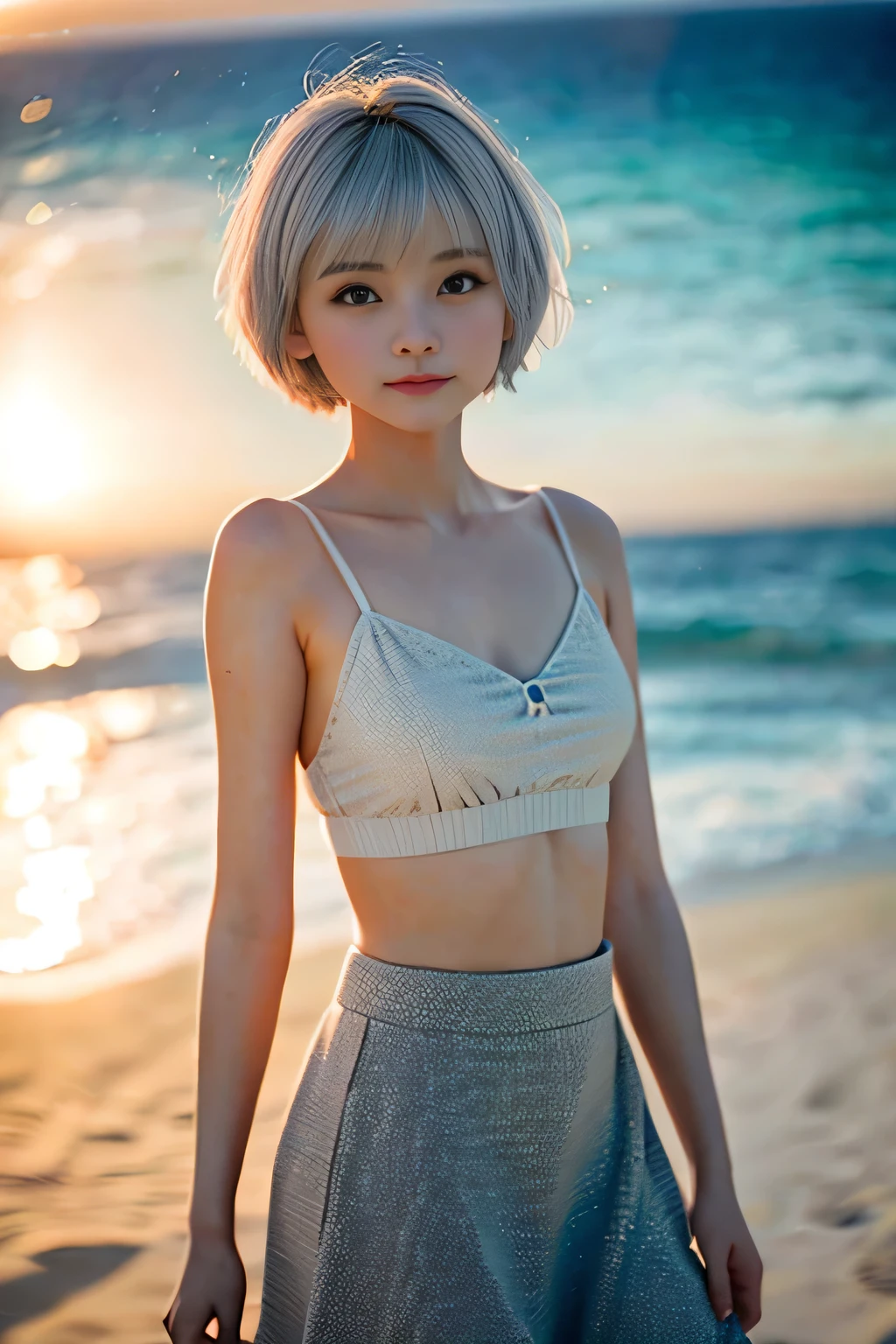 A girl、Cute face、Gray hair、short hair、short hair、Camera gaze、Small Breasts、Tired expression、camisole、skirt、、Light Particles、Sunset sea、Calm sea、White Sand Beach、Very beautiful sunsets、RAW photos、best quality、high resolution、high resolution、masterpiece:1.3、８ｋ、１２ｋ、Professional photographer、