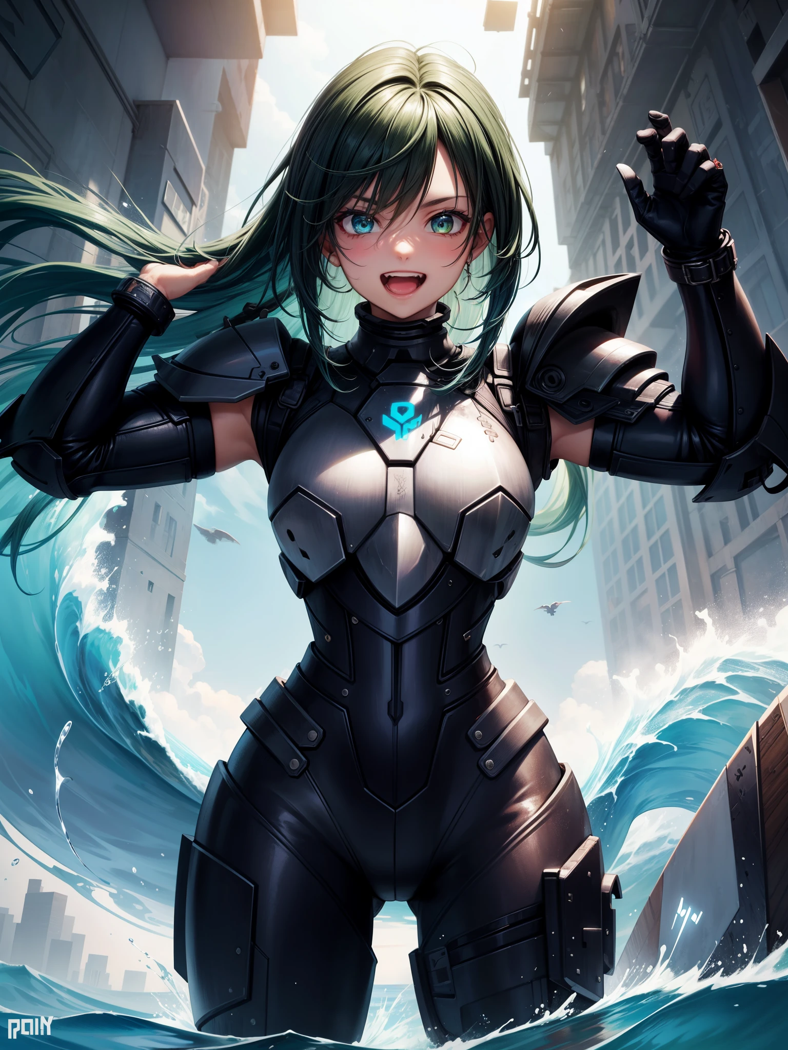 score_9, score_8_up, score_7_up, score_6_up, score_5_up, score_4_up, zdenka, 1girl, dark-skinned female, green eyes, long hair, blue hair, dreadlocks, happy expression, laughing, edgAdepta,wearing edgAdepta,power armor,shoulder armor,skull emblem, surfing,standing on a surfboard, outside, wave, embedding:pny-safe, embedding:fixl-art, embedding:zPDXL, high quality, high resolution